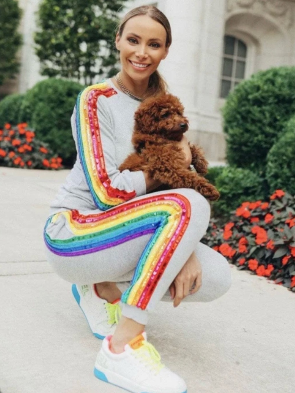 Lola + The Boys Gray Joggers with Rainbow Sequin Stripes